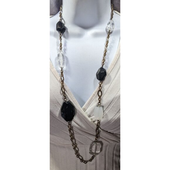 Chunky Black And Clear Gemmed Necklace With Gold Tone Chain - Picture 2 of 6